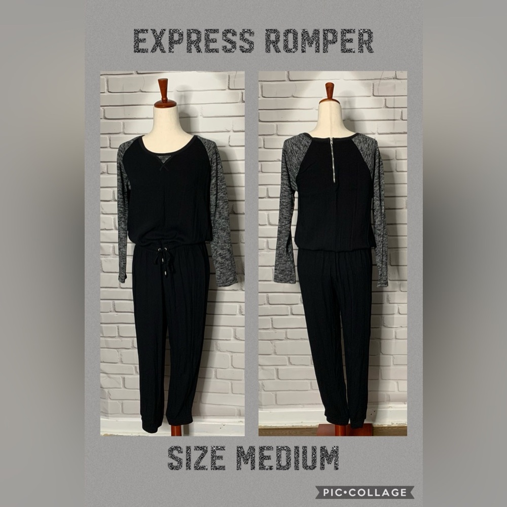 Black & Gray Jumpsuit with Long Sleeves and Elastic Tie Waist